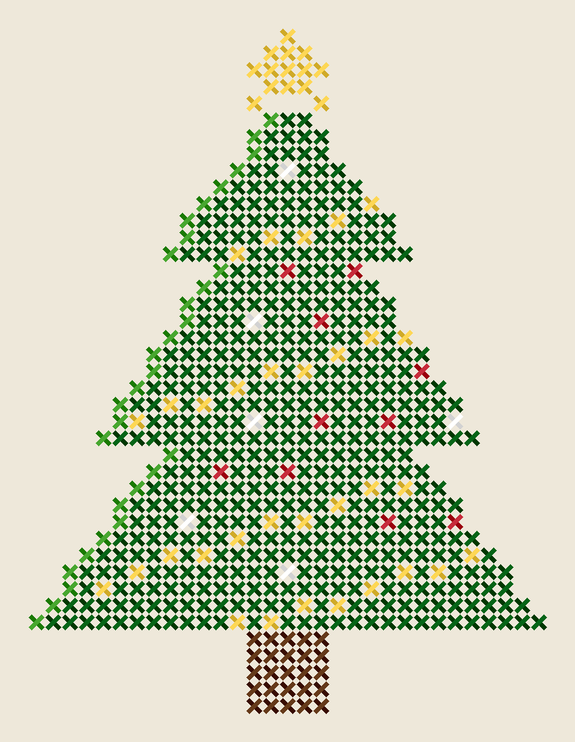 Vista previa del árbol de Navidad en punto de cruz de 31 × 41 puntos bordado en verdes, rojo, amarillo, blanco y marrón