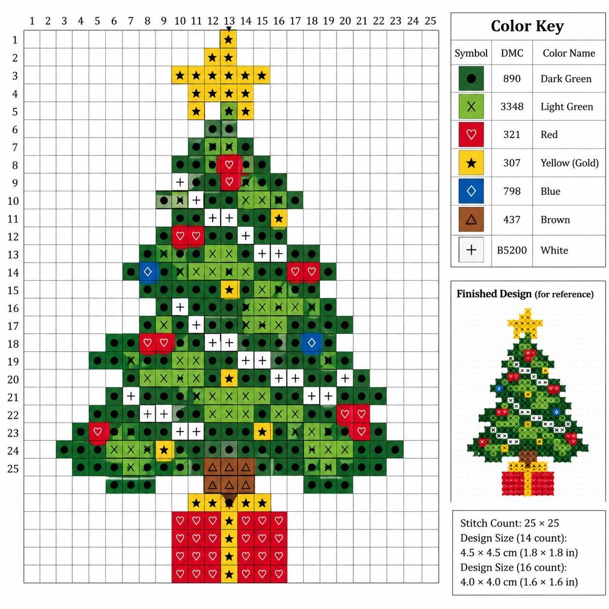 Diseño de punto de cruz de un árbol de Navidad pequeño con estrella dorada, corazones rojos y maceta roja con corazones, junto a su leyenda de colores DMC