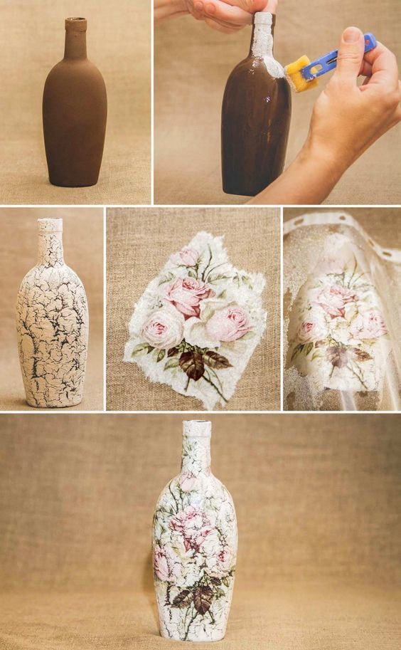 como decorar botellas con gesso y servilletas de papel 6