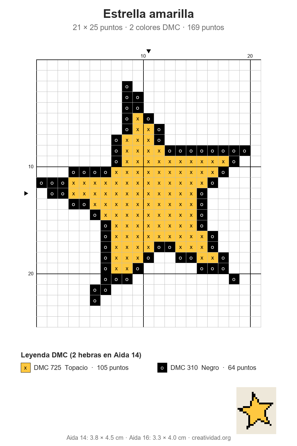 Estrellas de Navidad en punto de cruz: diseños fáciles Esquema de punto de cruz de una estrella amarilla con contorno negro, 21 × 25 puntos, con cuadrícula numerada y leyenda de colores DMC