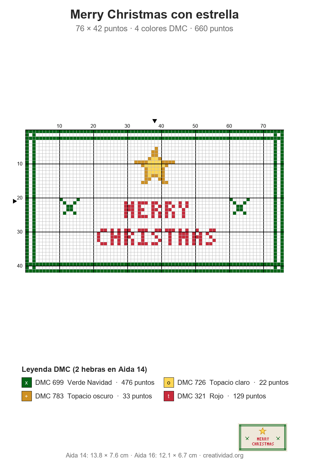 Estrellas de Navidad en punto de cruz: diseños fáciles Esquema de punto de cruz de una estrella dorada sobre el saludo Merry Christmas, 76 × 42 puntos, con cuadrícula numerada y leyenda de colores DMC