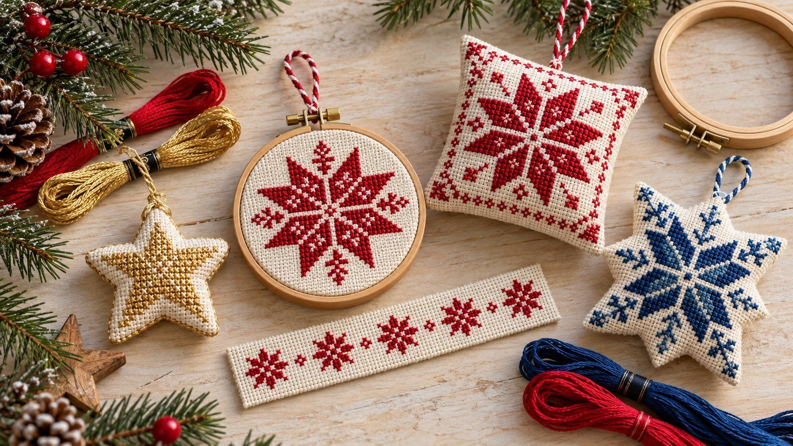 Estrellas de Navidad en punto de cruz: diseños fáciles Adornos de estrellas bordadas en punto de cruz con hilos y bastidor