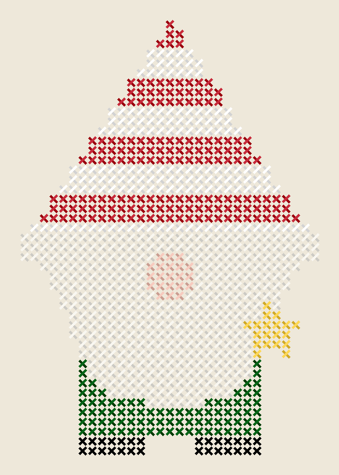 Vista previa del gnomo de Navidad en punto de cruz de 31 × 45 puntos bordado con gorro a rayas, barba blanca, cuerpo verde y estrella dorada