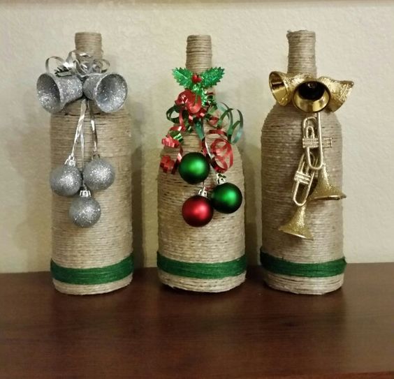 ideas decorar botellas navidenas con hilo 2