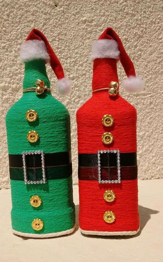 ideas decorar botellas navidenas con hilo 4