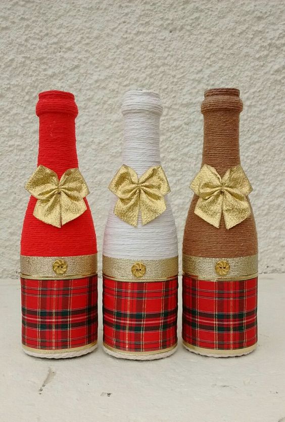 ideas decorar botellas navidenas con hilo 6