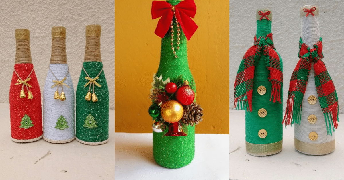ideas decorar botellas navidenas con hilo