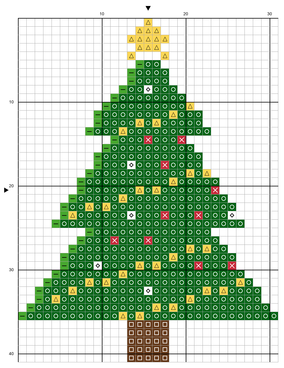 Patrón gratis de punto de cruz de un árbol de Navidad de 31 × 41 puntos con símbolos, cuadrícula de 10 en 10 y flechas de centro