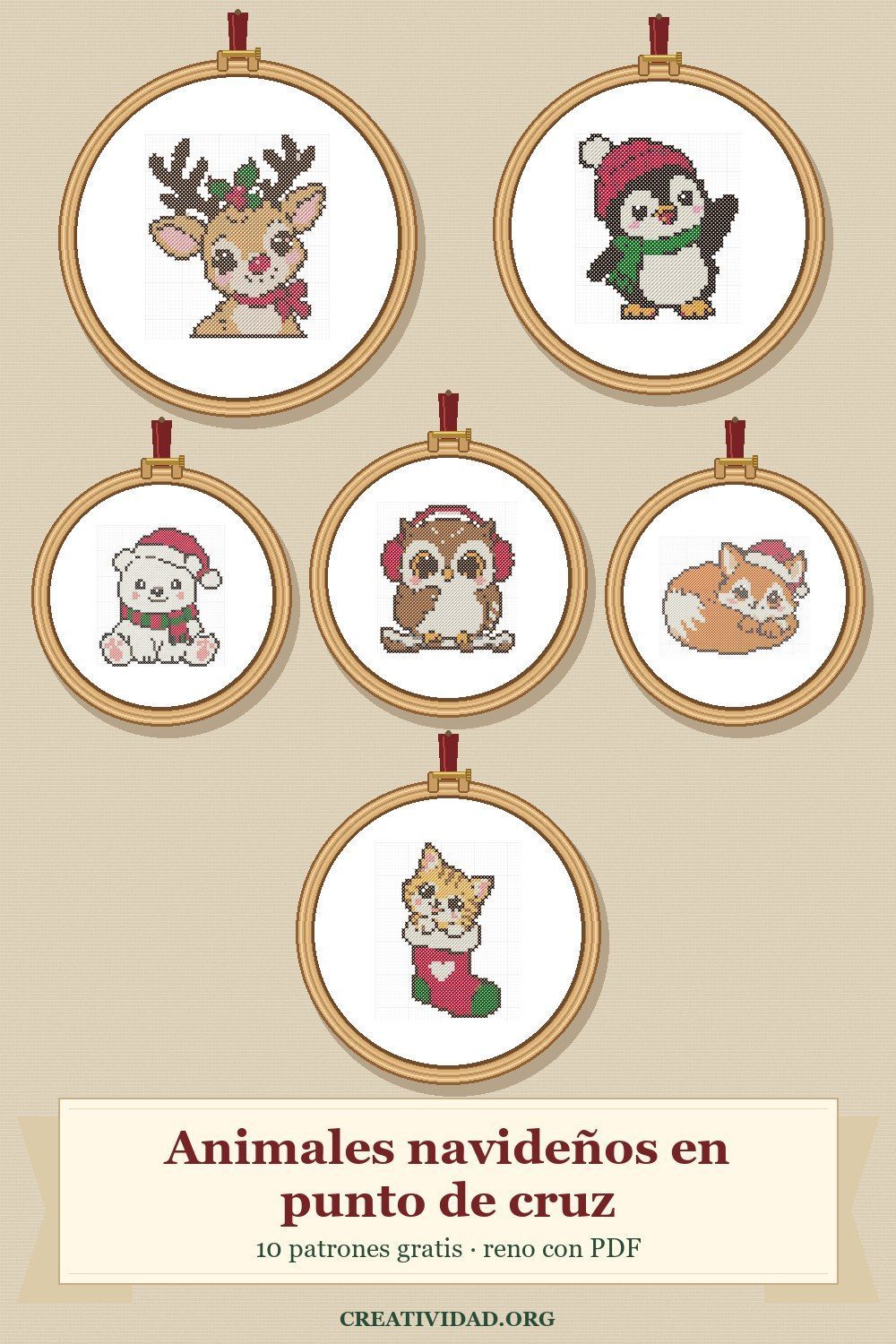 Pin de animales navideños en punto de cruz: reno, pingüino, oso polar, búho, zorro y gatito en bastidores